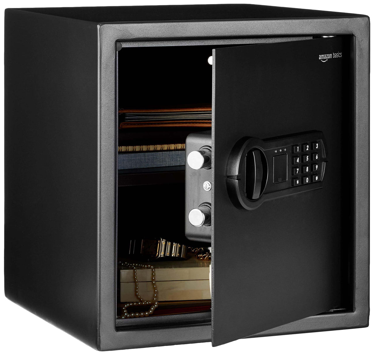 Amazon Basics Steel Security Safe with Digital Keypad - Secure Money, Cash, Jewelry, ID Documents, 14 Litres, 35 cm W x 35 cm D x 25 cm H, Black