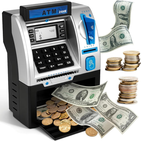 Electronic Piggy Bank for Kids, ATM Digital Savings Bank Money Box, Coin Recognition with Card & Password, Children’s Money Bank with LCD Display & Sound (Black)