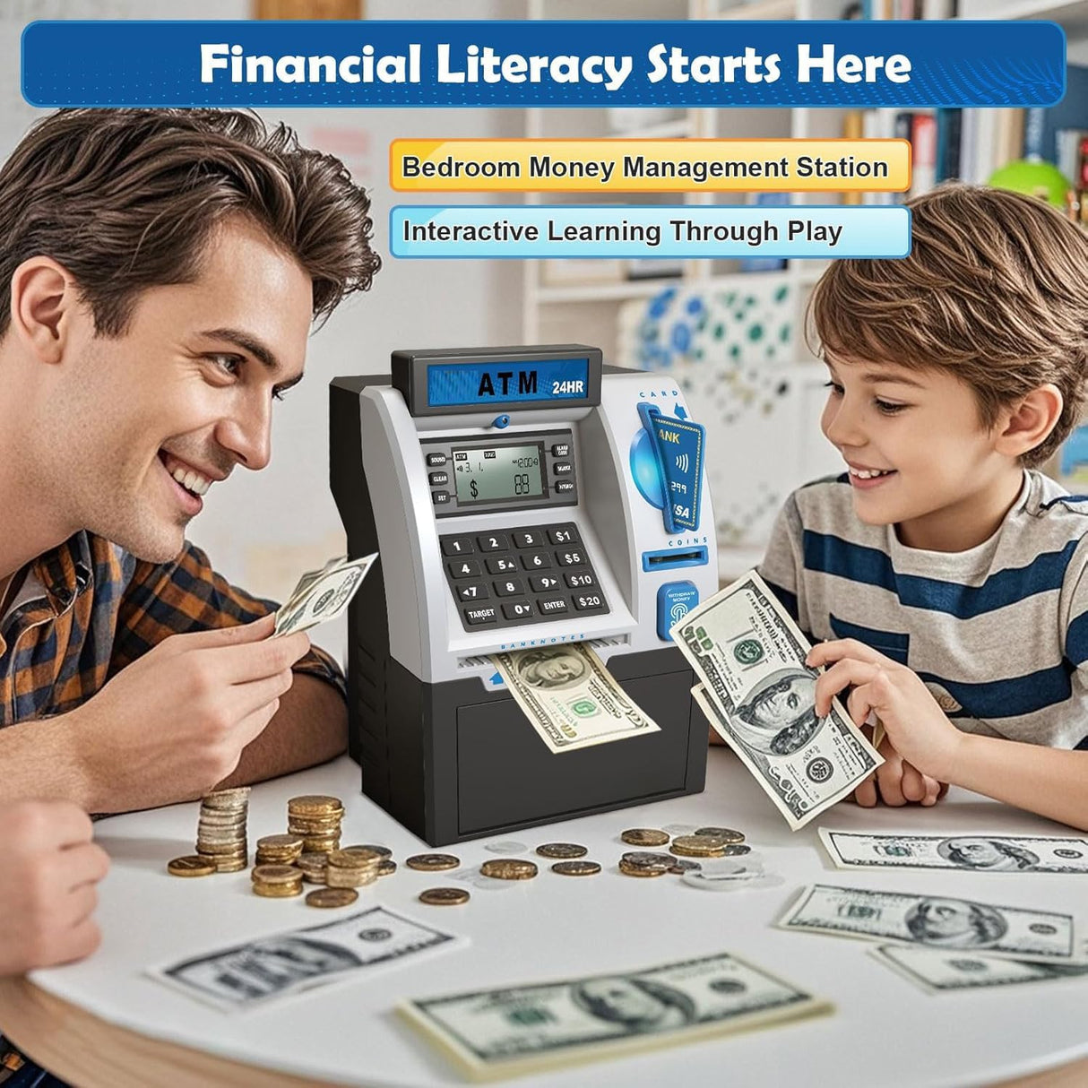 Electronic Piggy Bank for Kids, ATM Digital Savings Bank Money Box, Coin Recognition with Card & Password, Children’s Money Bank with LCD Display & Sound (Black)