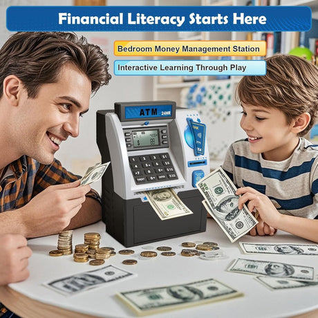 Electronic Piggy Bank for Kids, ATM Digital Savings Bank Money Box, Coin Recognition with Card & Password, Children’s Money Bank with LCD Display & Sound (Black)