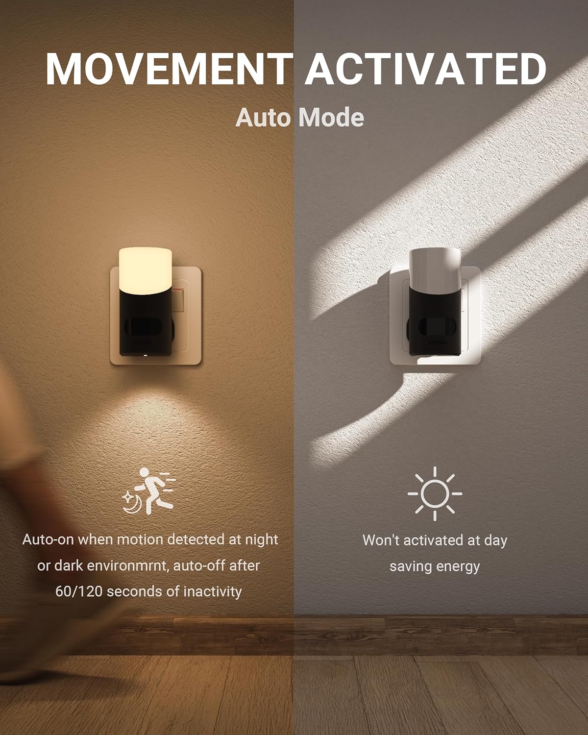 Lyridz Night Light Plug in Wall with Motion Sensor Up-and-Down Glowing, Smart Dimmable Warm White Motion Sensor Night Light Ideal for Hallway Bedroom Stairs Washbasin, 2 Pack