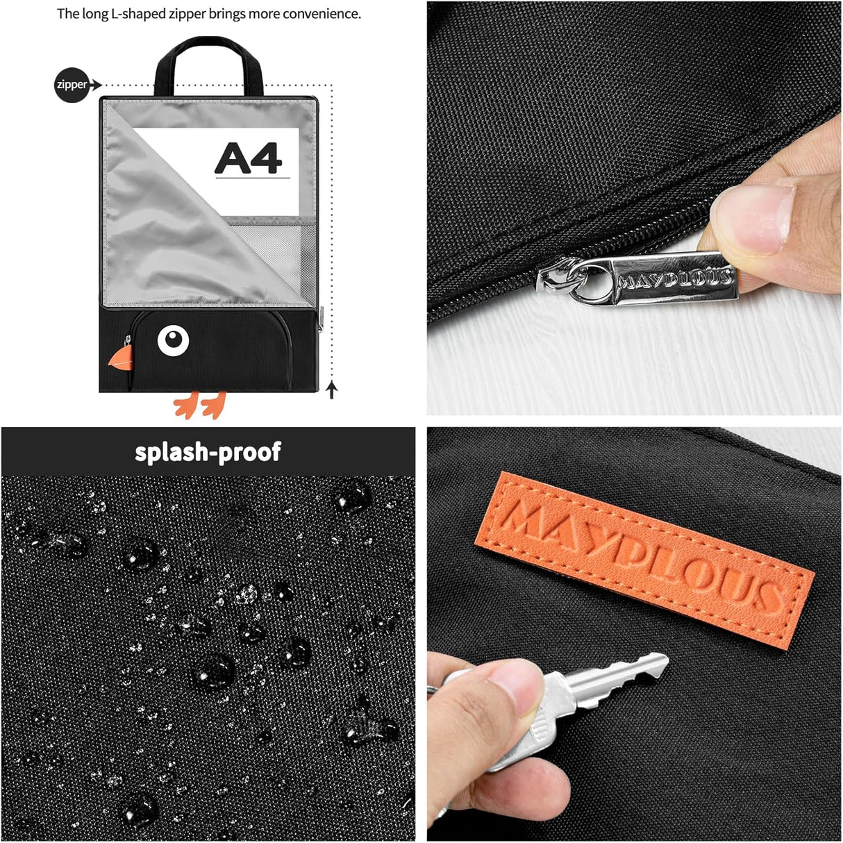A4 Document Bag Portable File Organiser Bag Zip Portfolio Folder File Wallet with Handle File Carrying Case Large Document Holder Bag for Office School Business Travel Conference 37x27cm (Crow)