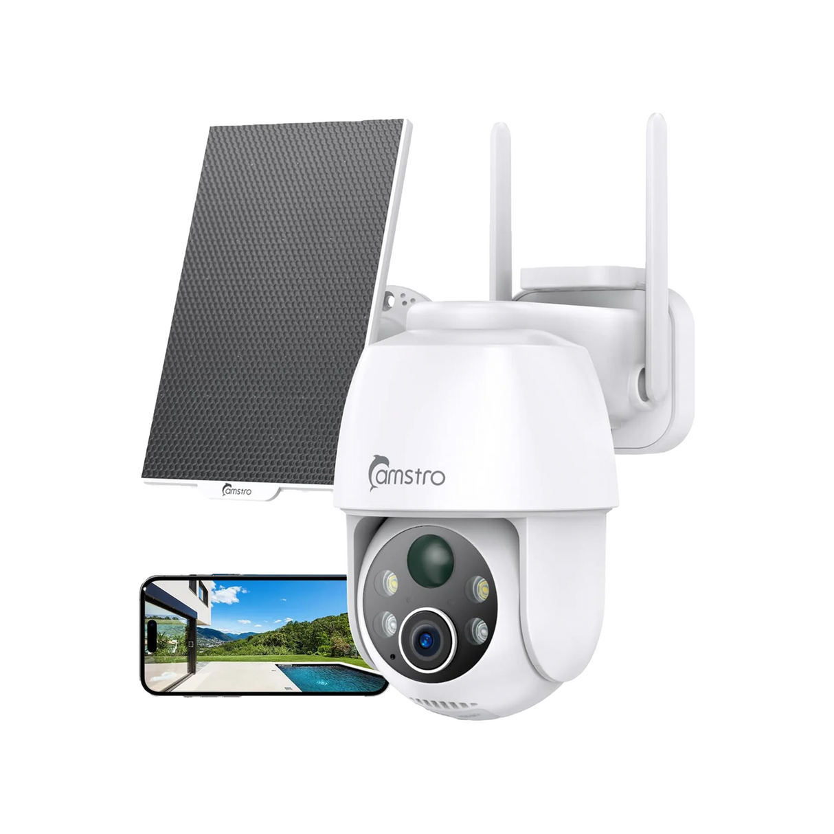 CAMSTRO 2K Solar Outdoor Security Camera, PTZ, AI, Alexa/Google