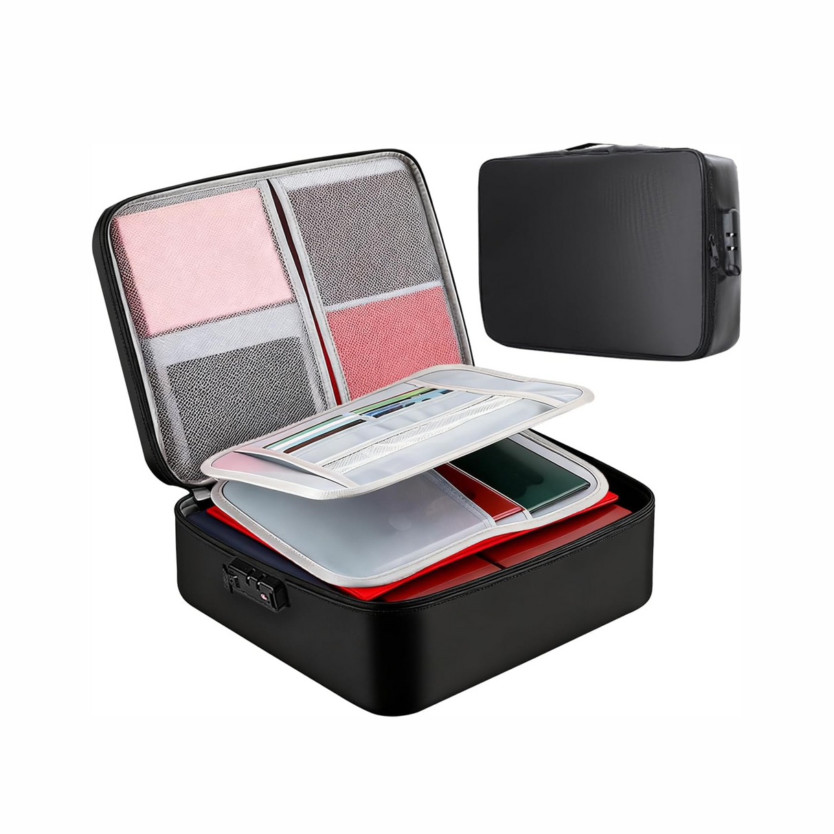 Fireproof Document Bag with Lock, Plenty of Pockets, Portable Home Travel Office Safe Box with Handle, Waterproof Zipper Documents Safe Storage Case for Important Files Photo Certificates Laptop