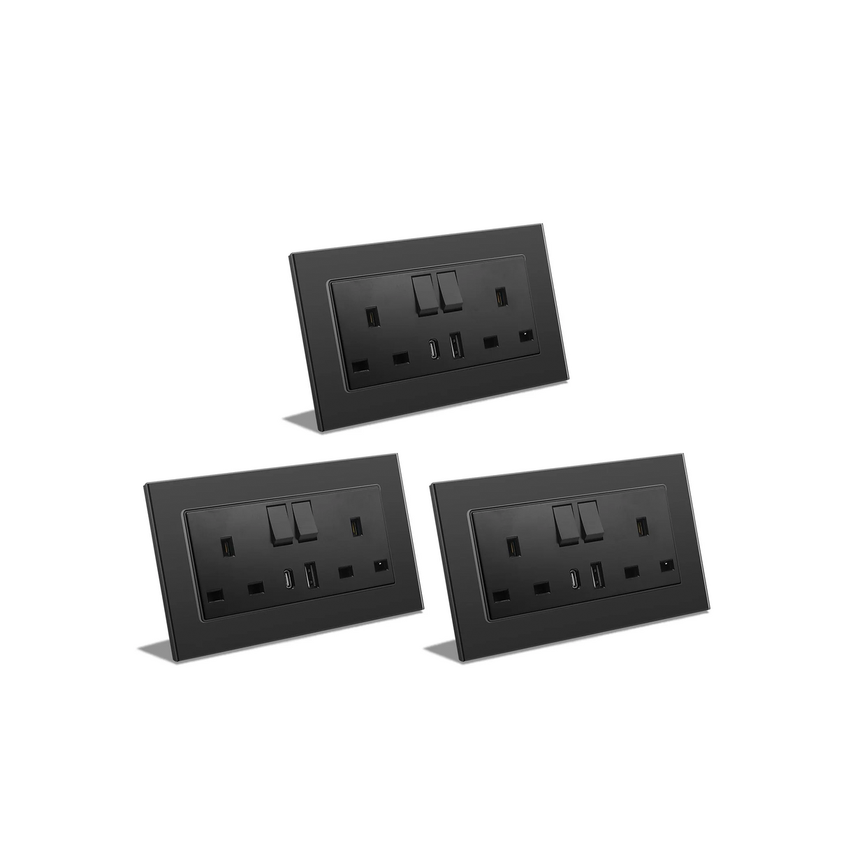 BSEED Double Switched Wall Socket 2 Gang Black with USB C & USB A Charging Ports, 13A Wall Electric Power Socket with Glass Panel
