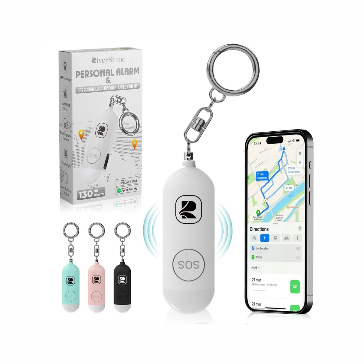 Riverstone Personal Security Tracker Alarm 130dB with Apple Find My GPS Only for iOS, Stop Aggression, Siren Emergency Self-Defense & Anti Removal Key Ring for Women and Children