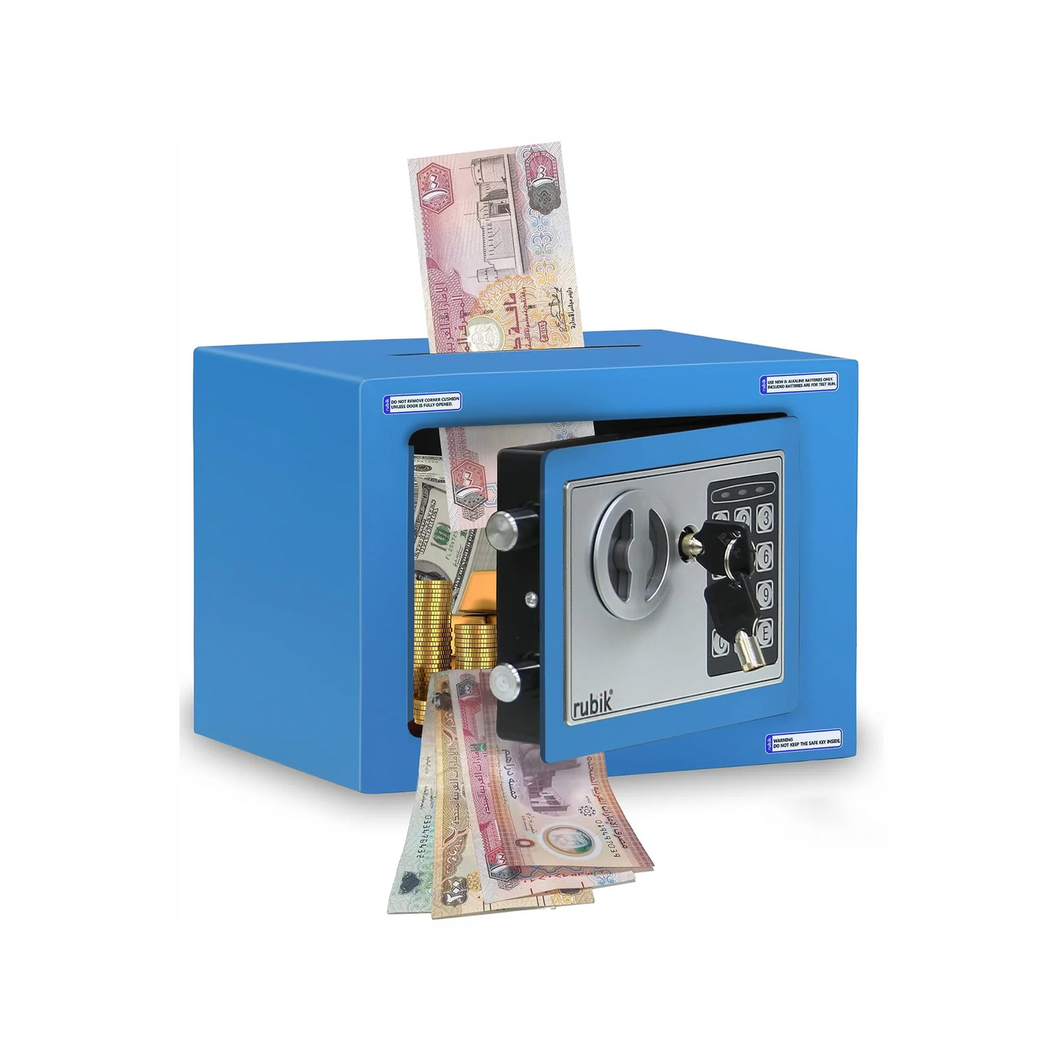 Rubik Mini Cash Deposit Drop Slot Safe Box with Key and Pin Code Option (Blue)